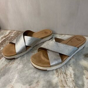 UGG Kari Metallic Silver Crisscross Slide Sandals Women’s Size 9.5